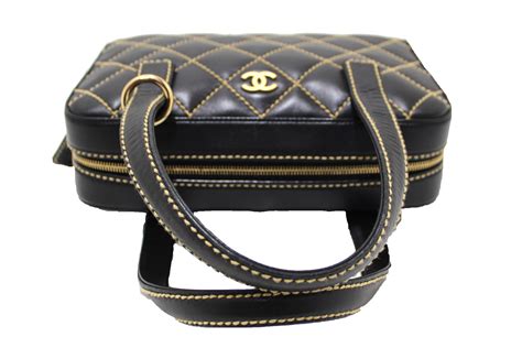 CHANEL Leather Contrast Stitch Surpique Shoulder Bag Black 